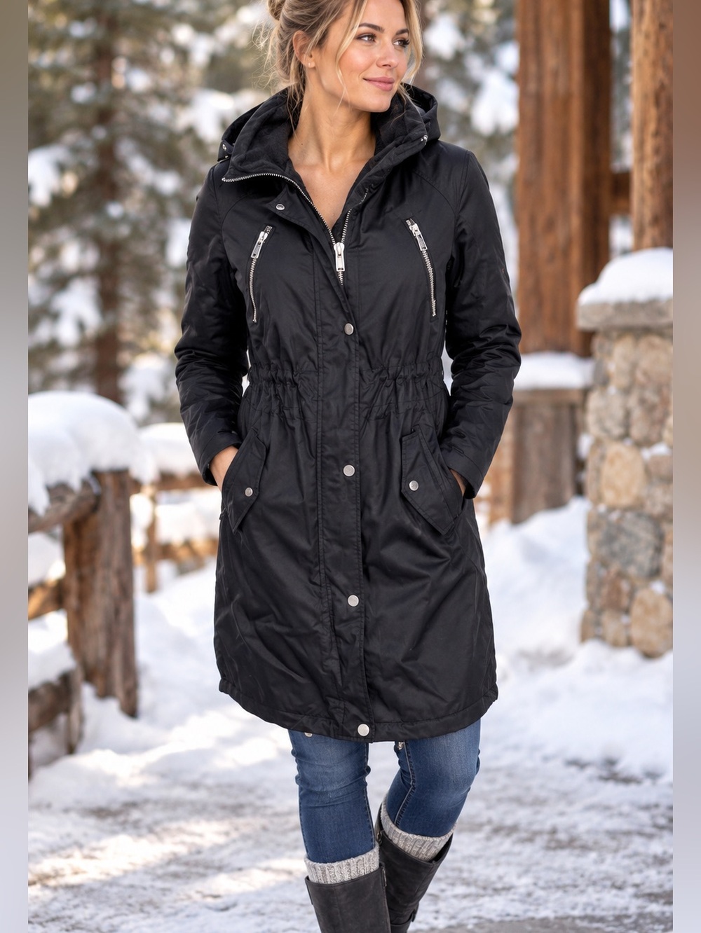 7 For All Mankind Black Hooded Long Parka Coat Utility Jacket S